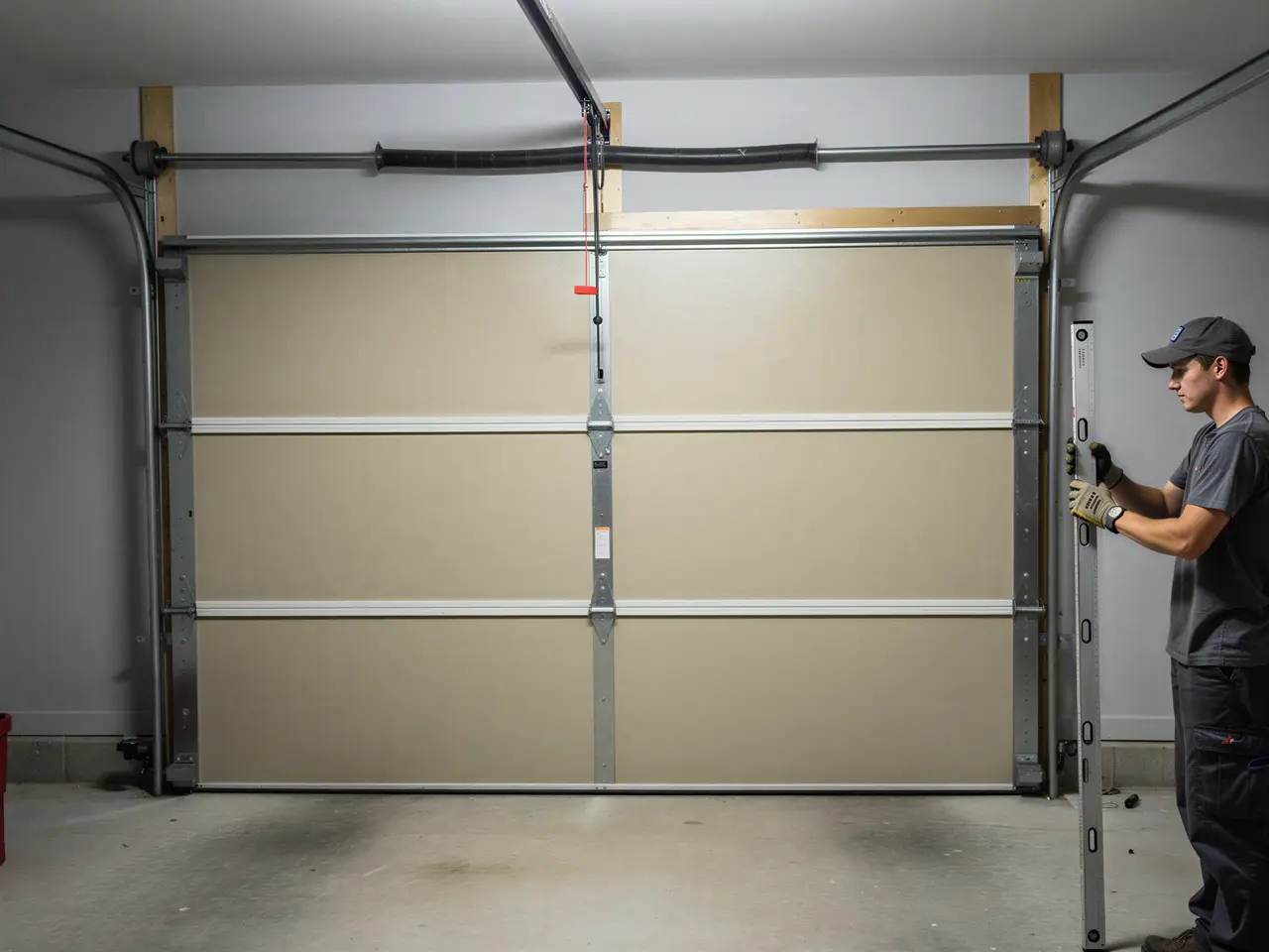 A technician uses a level to adjust a beige garage door.