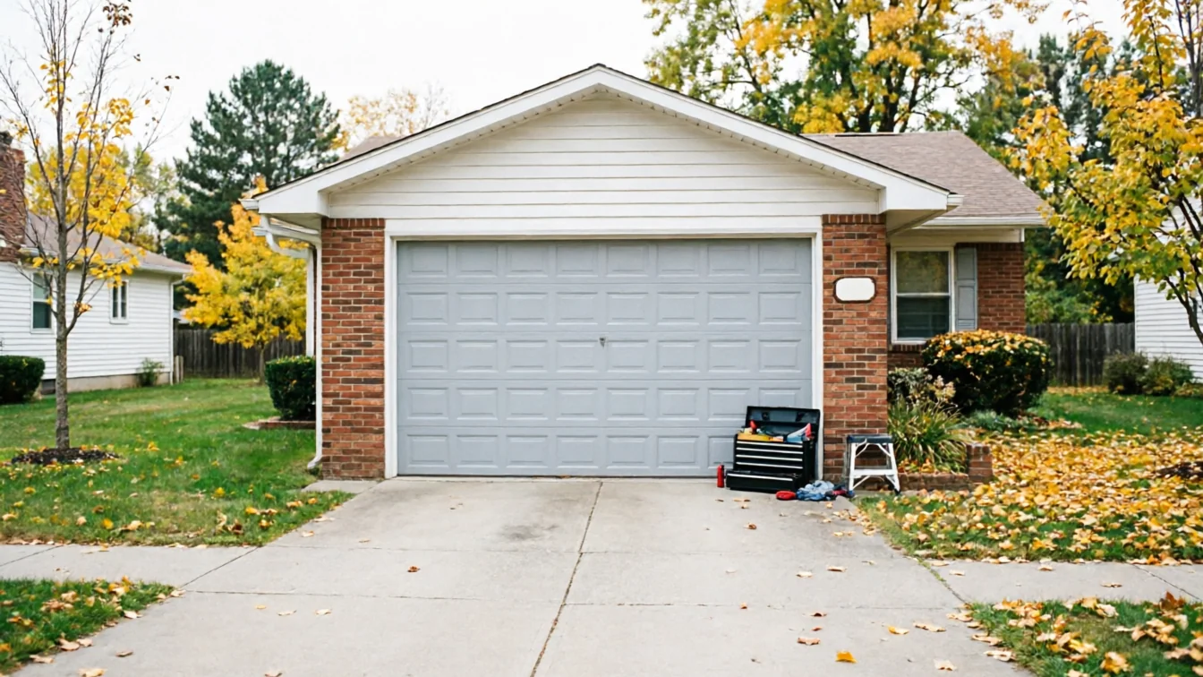 A gray garage door on a brick house with a toolbox and stool in the driveway.